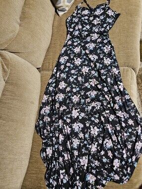 Black Floral High Low Dress with Pink & Blue Blooms And Lace Back Zip Up.